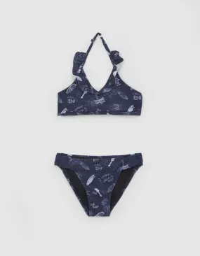 Maillot de bain 2 pièces marine imprimé surf-rock fille
